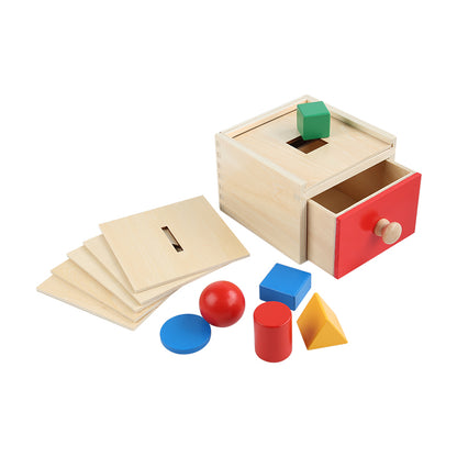 Caja con cajón con tapas intercambiables y cuerpos geométricos (escuela)