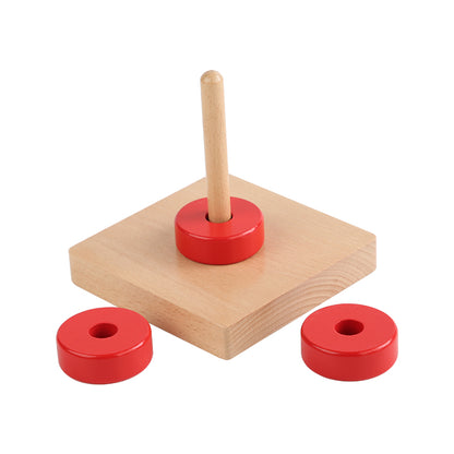 Base con asta vertical con aros de madera rojos