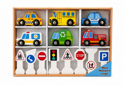Set de carritos de madera con señalizaciones de tránsito (madera)