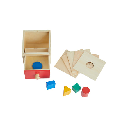 Caja con cajón con tapas intercambiables y cuerpos geométricos (escuela)